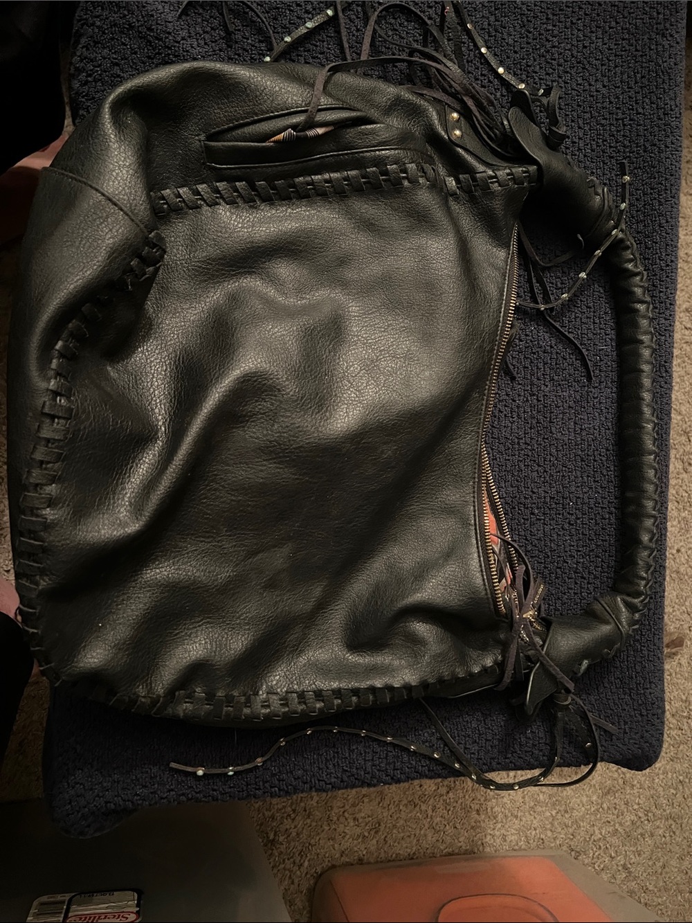 Big Buddha Black Leather Messenger Bag with Braided Trim